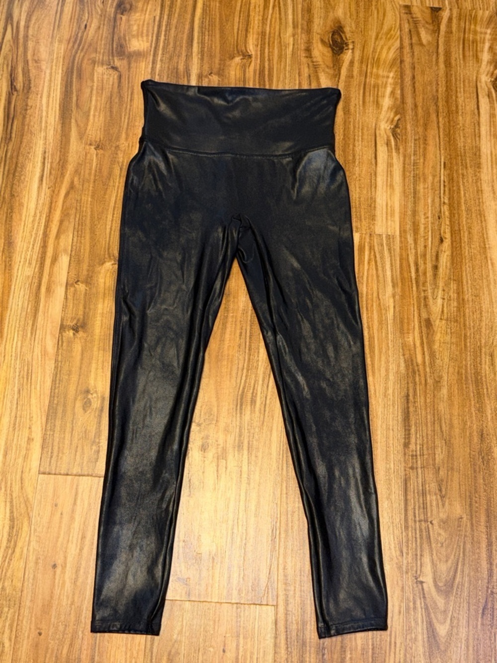 SPANX women large petite Leggings Black Shapewear liquid faux leather crackle